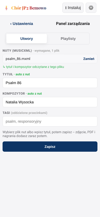 Nuty wgrane, tytuł i kompozytor uzupełnione automatycznie